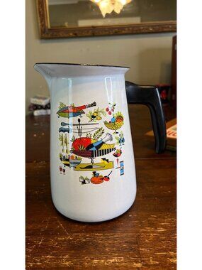 Georges Briard White Enamel Percolator Coffee Pot MCM  Turkey Graphics No Lid